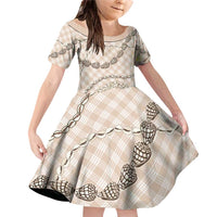 Beige Aloha Hawaii Shell Lei Family Matching Off Shoulder Short Dress and Hawaiian Shirt Palaka Hebrew Cone Honey Cowrie Elegant Curves - Polynesian Pride