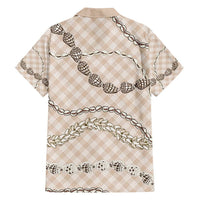 Beige Aloha Hawaii Shell Lei Family Matching Off Shoulder Short Dress and Hawaiian Shirt Palaka Hebrew Cone Honey Cowrie Elegant Curves - Polynesian Pride