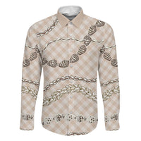 Beige Aloha Hawaii Shell Lei Family Matching Off Shoulder Short Dress and Hawaiian Shirt Palaka Hebrew Cone Honey Cowrie Elegant Curves - Polynesian Pride