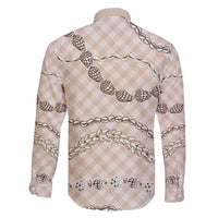 Beige Aloha Hawaii Shell Lei Family Matching Off Shoulder Short Dress and Hawaiian Shirt Palaka Hebrew Cone Honey Cowrie Elegant Curves - Polynesian Pride