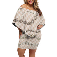 Beige Aloha Hawaii Shell Lei Family Matching Off Shoulder Short Dress and Hawaiian Shirt Palaka Hebrew Cone Honey Cowrie Elegant Curves - Polynesian Pride