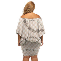 Beige Aloha Hawaii Shell Lei Family Matching Off Shoulder Short Dress and Hawaiian Shirt Palaka Hebrew Cone Honey Cowrie Elegant Curves - Polynesian Pride