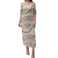 Beige Aloha Hawaii Shell Lei Puletasi Palaka Hebrew Cone Honey Cowrie Elegant Curves LT14 Long Dress Beige - Polynesian Pride