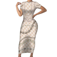 Beige Aloha Hawaii Shell Lei Short Sleeve Bodycon Dress Palaka Hebrew Cone Honey Cowrie Elegant Curves LT14 Long Dress Beige - Polynesian Pride