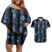 Purple Paradise Hawaii Shell Lei Couples Matching Off Shoulder Short Dress and Hawaiian Shirt Hawaiian Sunrise Shell Hebrew Cone Plumeria - Polynesian Pride