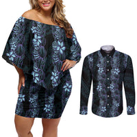 Purple Paradise Hawaii Shell Lei Couples Matching Off Shoulder Short Dress and Long Sleeve Button Shirt Hawaiian Sunrise Shell Hebrew Cone Plumeria - Polynesian Pride