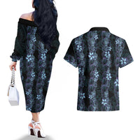 Purple Paradise Hawaii Shell Lei Couples Matching Off The Shoulder Long Sleeve Dress and Hawaiian Shirt Hawaiian Sunrise Shell Hebrew Cone Plumeria - Polynesian Pride