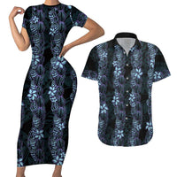 Purple Paradise Hawaii Shell Lei Couples Matching Short Sleeve Bodycon Dress and Hawaiian Shirt Hawaiian Sunrise Shell Hebrew Cone Plumeria - Polynesian Pride