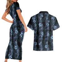 Purple Paradise Hawaii Shell Lei Couples Matching Short Sleeve Bodycon Dress and Hawaiian Shirt Hawaiian Sunrise Shell Hebrew Cone Plumeria - Polynesian Pride
