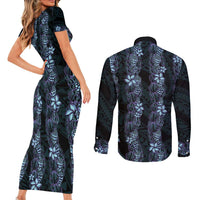 Purple Paradise Hawaii Shell Lei Couples Matching Short Sleeve Bodycon Dress and Long Sleeve Button Shirt Hawaiian Sunrise Shell Hebrew Cone Plumeria - Polynesian Pride