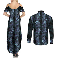 Purple Paradise Hawaii Shell Lei Couples Matching Summer Maxi Dress and Long Sleeve Button Shirt Hawaiian Sunrise Shell Hebrew Cone Plumeria - Polynesian Pride