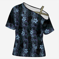 Purple Paradise Hawaii Shell Lei Cross Shoulder Shirt Hawaiian Sunrise Shell Hebrew Cone Plumeria LT14 Female Purple - Polynesian Pride