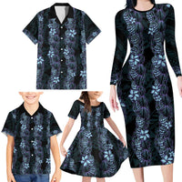 Purple Paradise Hawaii Shell Lei Family Matching Long Sleeve Bodycon Dress and Hawaiian Shirt Hawaiian Sunrise Shell Hebrew Cone Plumeria - Polynesian Pride