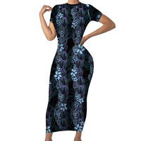Purple Paradise Hawaii Shell Lei Short Sleeve Bodycon Dress Hawaiian Sunrise Shell Hebrew Cone Plumeria LT14 Long Dress Purple - Polynesian Pride