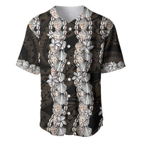 Black and Beige Hawaii Shell Lei Baseball Jersey Hawaiian Sunrise Shell Hebrew Cone Plumeria LT14 Black - Polynesian Pride