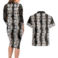 Black and Beige Hawaii Shell Lei Couples Matching Long Sleeve Bodycon Dress and Hawaiian Shirt Hawaiian Sunrise Shell Hebrew Cone Plumeria - Polynesian Pride