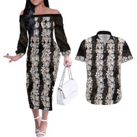Black and Beige Hawaii Shell Lei Couples Matching Off The Shoulder Long Sleeve Dress and Hawaiian Shirt Hawaiian Sunrise Shell Hebrew Cone Plumeria - Polynesian Pride