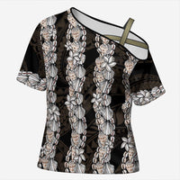 Black and Beige Hawaii Shell Lei Cross Shoulder Shirt Hawaiian Sunrise Shell Hebrew Cone Plumeria LT14 Female Black - Polynesian Pride