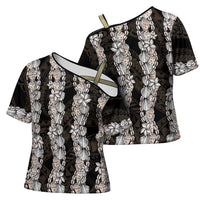 Black and Beige Hawaii Shell Lei Cross Shoulder Shirt Hawaiian Sunrise Shell Hebrew Cone Plumeria LT14 - Polynesian Pride
