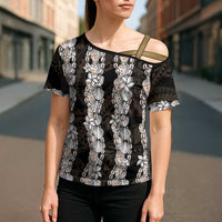 Black and Beige Hawaii Shell Lei Cross Shoulder Shirt Hawaiian Sunrise Shell Hebrew Cone Plumeria LT14 - Polynesian Pride