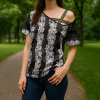 Black and Beige Hawaii Shell Lei Cross Shoulder Shirt Hawaiian Sunrise Shell Hebrew Cone Plumeria LT14 - Polynesian Pride