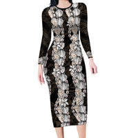 Black and Beige Hawaii Shell Lei Family Matching Long Sleeve Bodycon Dress and Hawaiian Shirt Hawaiian Sunrise Shell Hebrew Cone Plumeria - Polynesian Pride