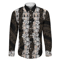 Black and Beige Hawaii Shell Lei Family Matching Off The Shoulder Long Sleeve Dress and Hawaiian Shirt Hawaiian Sunrise Shell Hebrew Cone Plumeria - Polynesian Pride