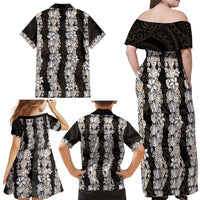 Black and Beige Hawaii Shell Lei Family Matching Off Shoulder Maxi Dress and Hawaiian Shirt Hawaiian Sunrise Shell Hebrew Cone Plumeria - Polynesian Pride