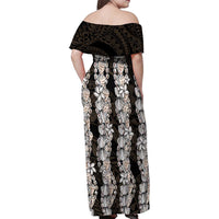 Black and Beige Hawaii Shell Lei Family Matching Off Shoulder Maxi Dress and Hawaiian Shirt Hawaiian Sunrise Shell Hebrew Cone Plumeria - Polynesian Pride