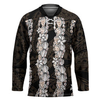 Black and Beige Hawaii Shell Lei Hockey Jersey Hawaiian Sunrise Shell Hebrew Cone Plumeria LT14 Unisex Black - Polynesian Pride