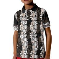 Black and Beige Hawaii Shell Lei Kid Polo Shirt Hawaiian Sunrise Shell Hebrew Cone Plumeria LT14 Kid Black - Polynesian Pride