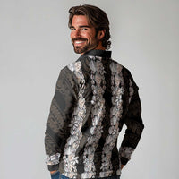 Black and Beige Hawaii Shell Lei Long Sleeve Polo Shirt Hawaiian Sunrise Shell Hebrew Cone Plumeria - Polynesian Pride