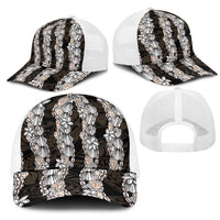 Black and Beige Hawaii Shell Lei Mesh Trucker Cap Hawaiian Sunrise Shell Hebrew Cone Plumeria LT14 - Polynesian Pride