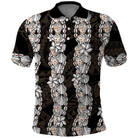 Black and Beige Hawaii Shell Lei Polo Shirt Hawaiian Sunrise Shell Hebrew Cone Plumeria LT14 Black - Polynesian Pride