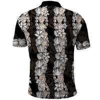 Black and Beige Hawaii Shell Lei Polo Shirt Hawaiian Sunrise Shell Hebrew Cone Plumeria - Polynesian Pride