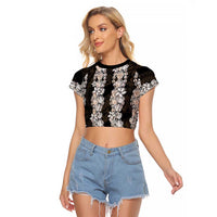 Black and Beige Hawaii Shell Lei Raglan Cropped T Shirt Hawaiian Sunrise Shell Hebrew Cone Plumeria LT14 Female Black - Polynesian Pride