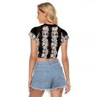 Black and Beige Hawaii Shell Lei Raglan Cropped T Shirt Hawaiian Sunrise Shell Hebrew Cone Plumeria LT14 - Polynesian Pride