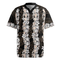 Black and Beige Hawaii Shell Lei Rugby Jersey Hawaiian Sunrise Shell Hebrew Cone Plumeria LT14 Black - Polynesian Pride