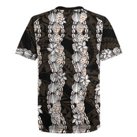 Black and Beige Hawaii Shell Lei Rugby Jersey Hawaiian Sunrise Shell Hebrew Cone Plumeria LT14 - Polynesian Pride
