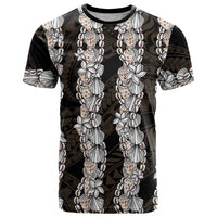 Black and Beige Hawaii Shell Lei T Shirt Hawaiian Sunrise Shell Hebrew Cone Plumeria LT14 Black - Polynesian Pride
