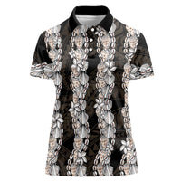 Black and Beige Hawaii Shell Lei Women Polo Shirt Hawaiian Sunrise Shell Hebrew Cone Plumeria - Polynesian Pride