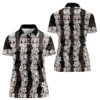 Black and Beige Hawaii Shell Lei Women Polo Shirt Hawaiian Sunrise Shell Hebrew Cone Plumeria - Polynesian Pride