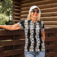 Black and Beige Hawaii Shell Lei Women Polo Shirt Hawaiian Sunrise Shell Hebrew Cone Plumeria - Polynesian Pride