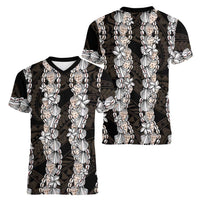 Black and Beige Hawaii Shell Lei Women V-Neck T-Shirt Hawaiian Sunrise Shell Hebrew Cone Plumeria LT14 - Polynesian Pride