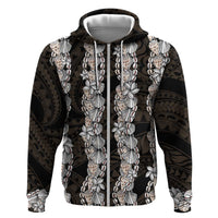 Black and Beige Hawaii Shell Lei Zip Hoodie Hawaiian Sunrise Shell Hebrew Cone Plumeria - Polynesian Pride