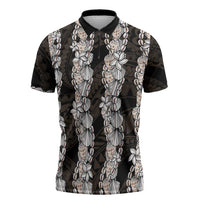 Black and Beige Hawaii Shell Lei Zipper Polo Shirt Hawaiian Sunrise Shell Hebrew Cone Plumeria LT14 Black - Polynesian Pride