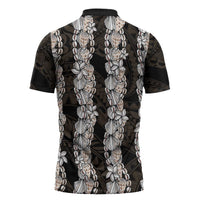 Black and Beige Hawaii Shell Lei Zipper Polo Shirt Hawaiian Sunrise Shell Hebrew Cone Plumeria - Polynesian Pride