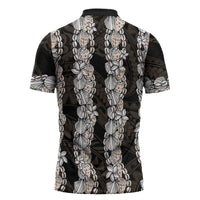 Black and Beige Hawaii Shell Lei Zipper Polo Shirt Hawaiian Sunrise Shell Hebrew Cone Plumeria LT14 - Polynesian Pride