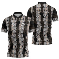Black and Beige Hawaii Shell Lei Zipper Polo Shirt Hawaiian Sunrise Shell Hebrew Cone Plumeria LT14 - Polynesian Pride