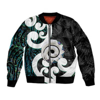 Aotearoa Koru Bomber Jacket Cyan Maori Paua Shell Mix Silver Fern LT14 Unisex Black - Polynesian Pride